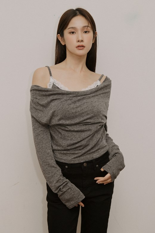 垂墜蕾絲假兩件長袖上衣