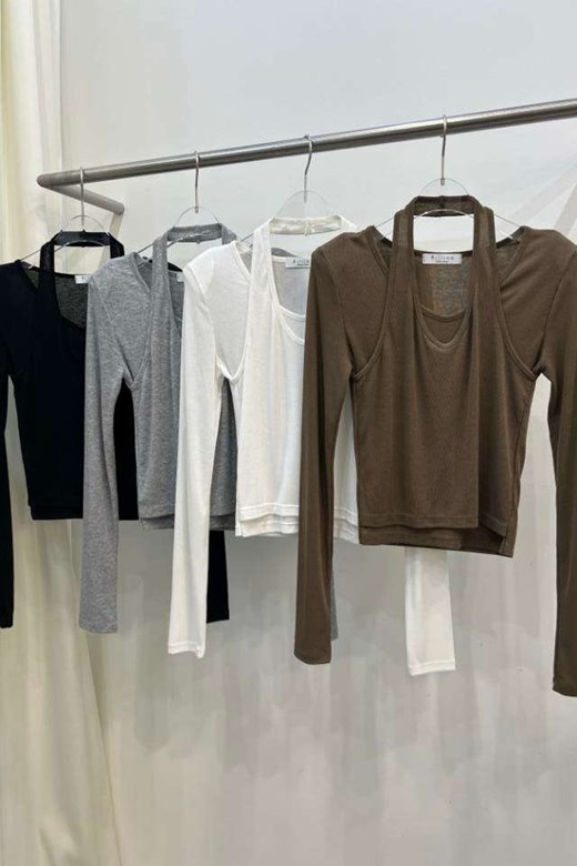 繞脖假兩件上衣