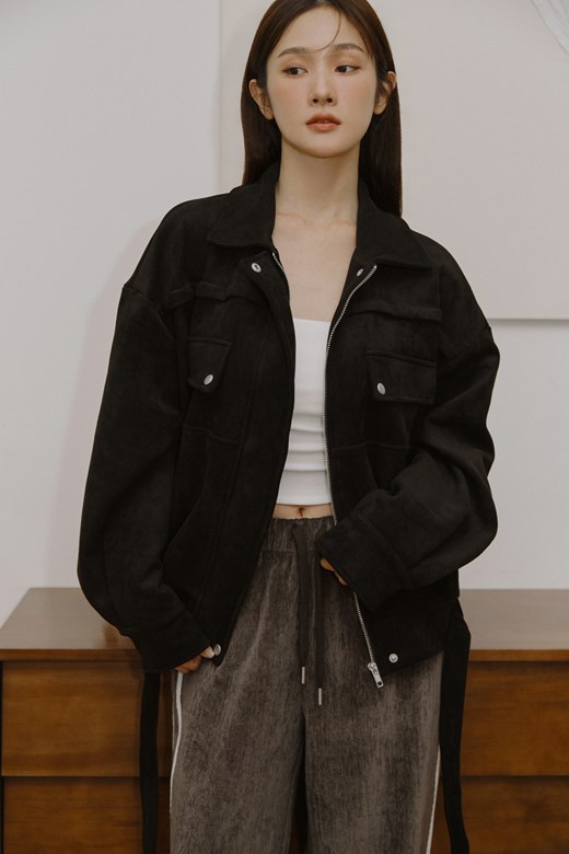 翻領麂皮外套(附腰帶)