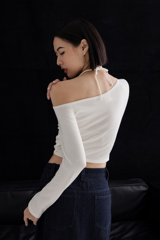 mi斜肩假兩件針織上衣