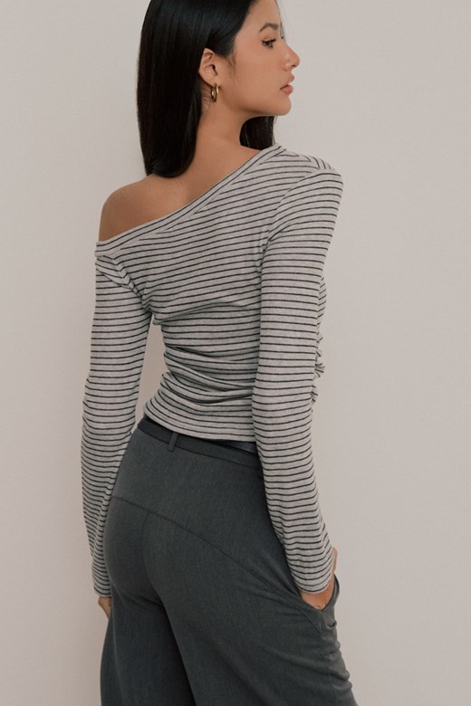 絨感條紋斜肩長袖上衣