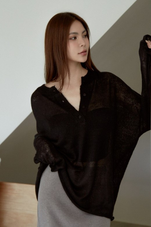 微透膚半開襟圓領針織上衣