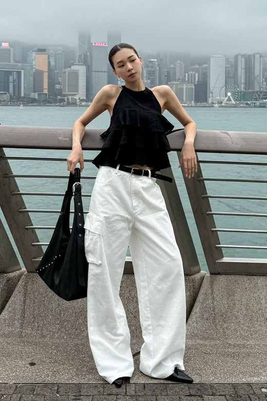 口袋造型斜紋寬褲