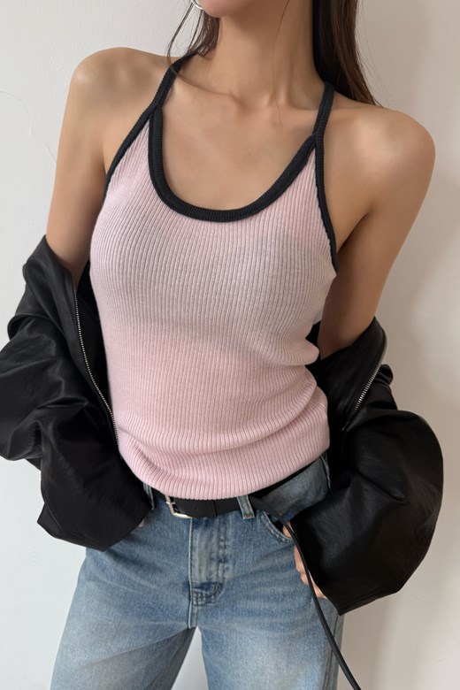 20 透膚坑條針織細肩背心