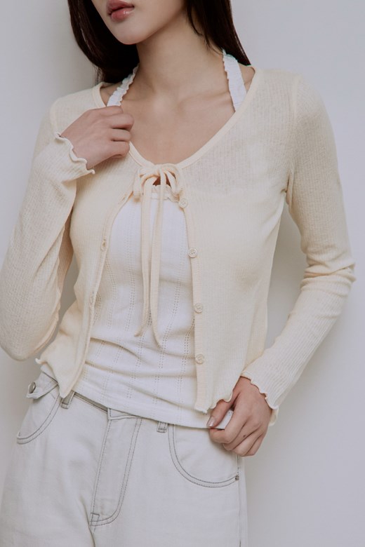 撞色捲邊綁帶開襟上衣