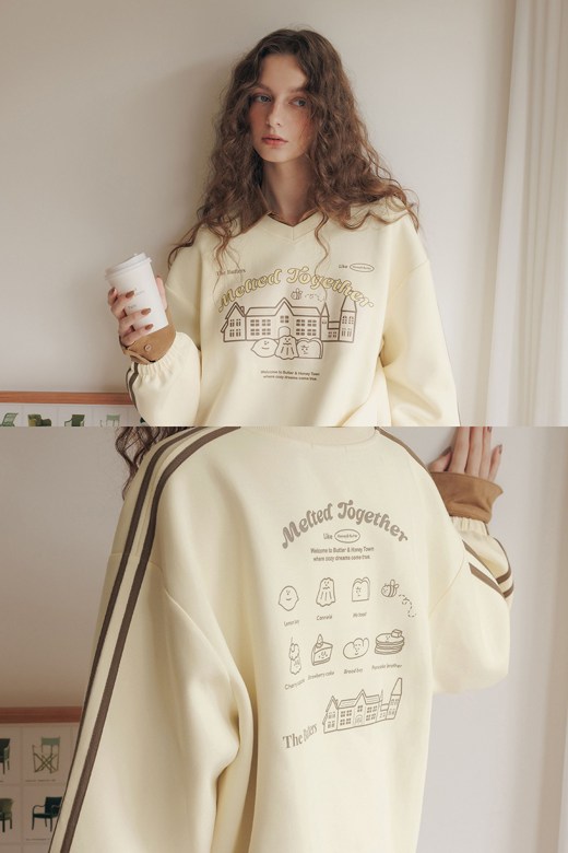 奶油蜂蜜小鎮撞色雲朵棉大學TEE