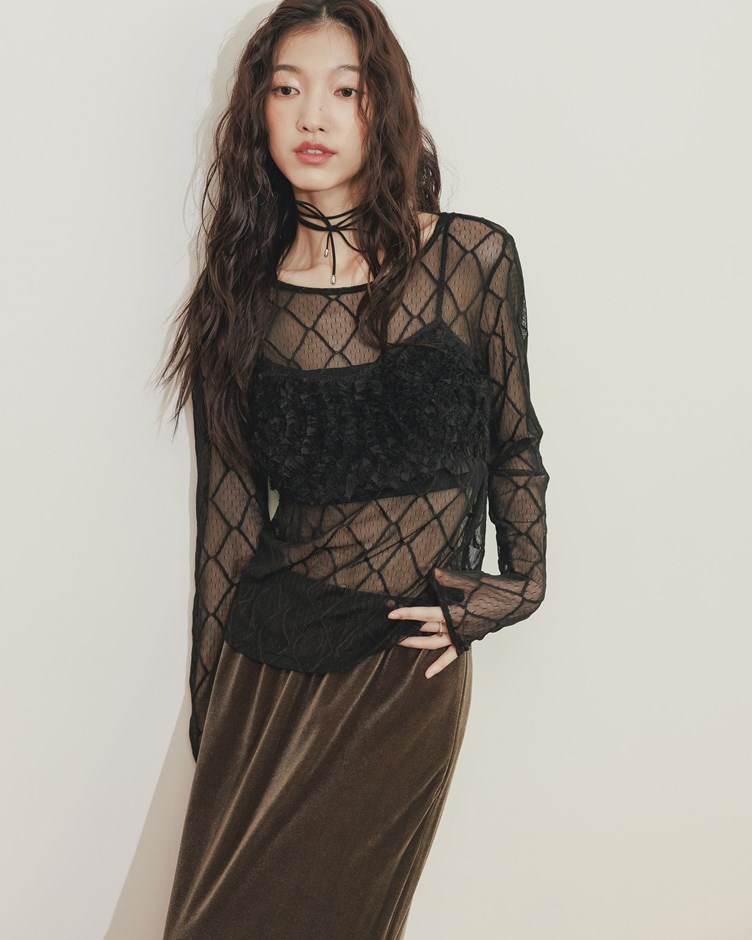 網格透膚圓領上衣