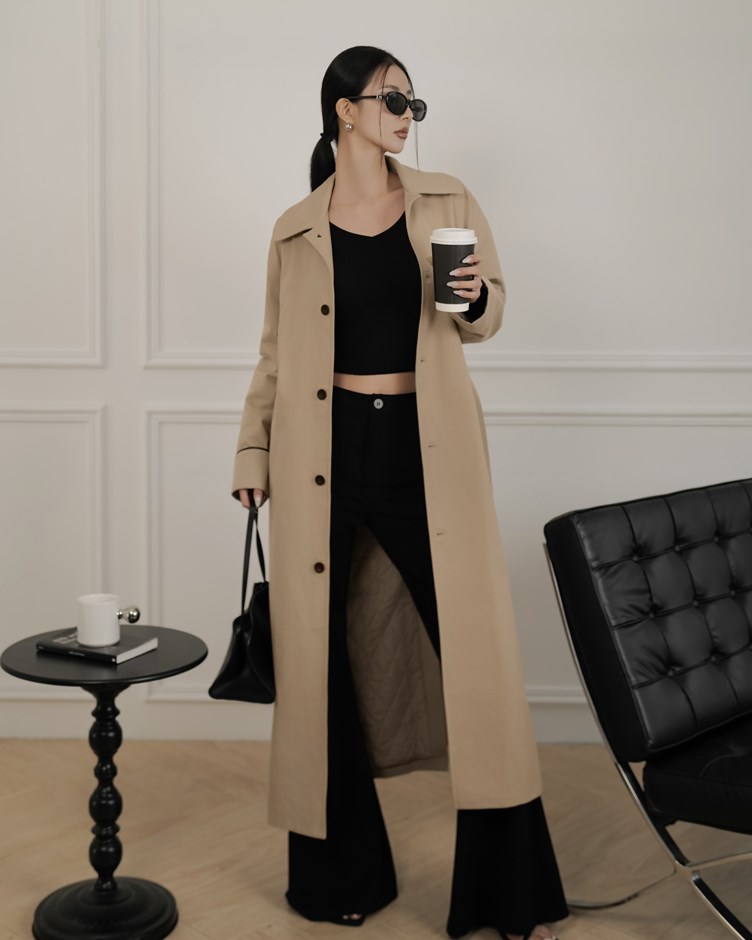 高訂款拼皮鋪棉長版風衣