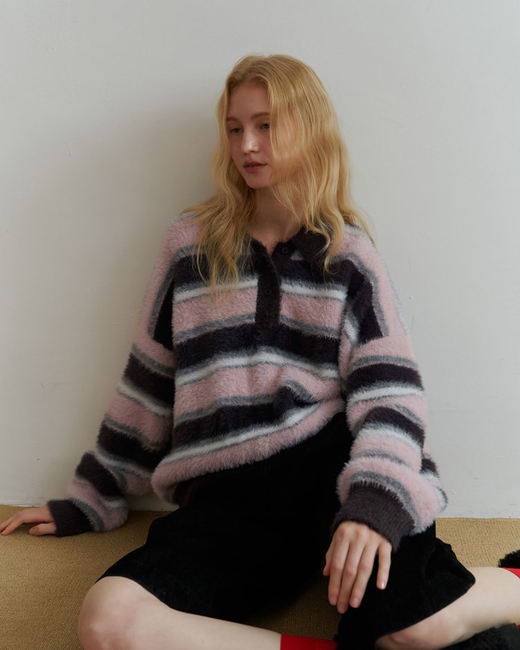 POLO領毛絨條紋針織上衣