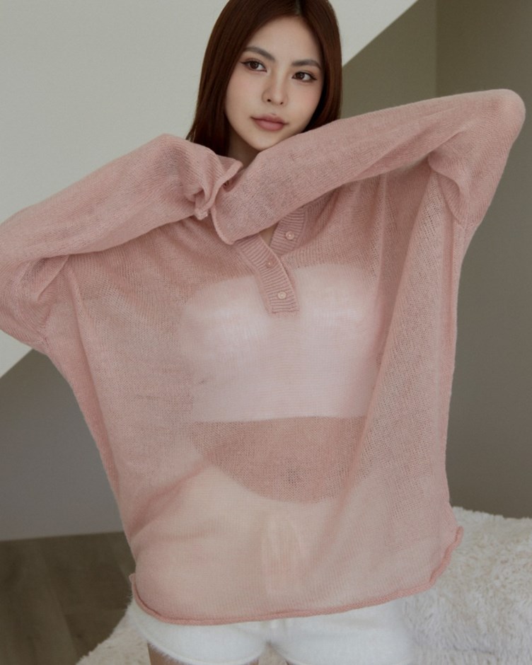 微透膚半開襟圓領針織上衣