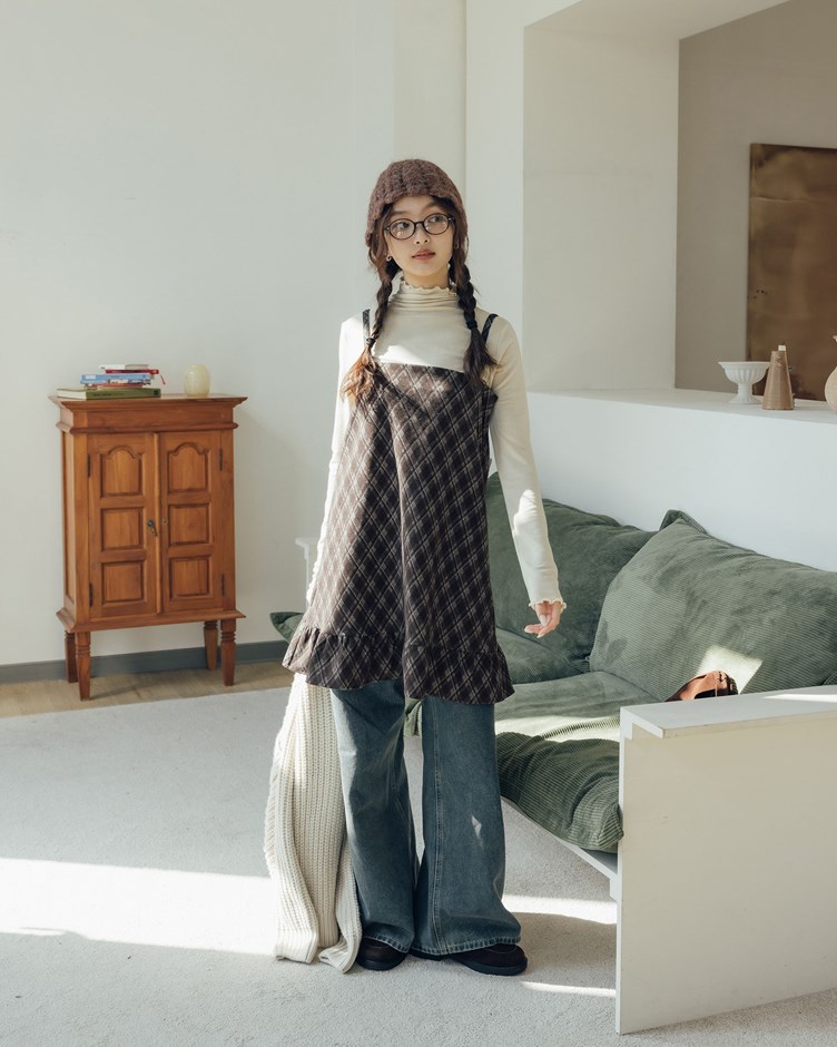 配色菱格紋毛呢短洋裝