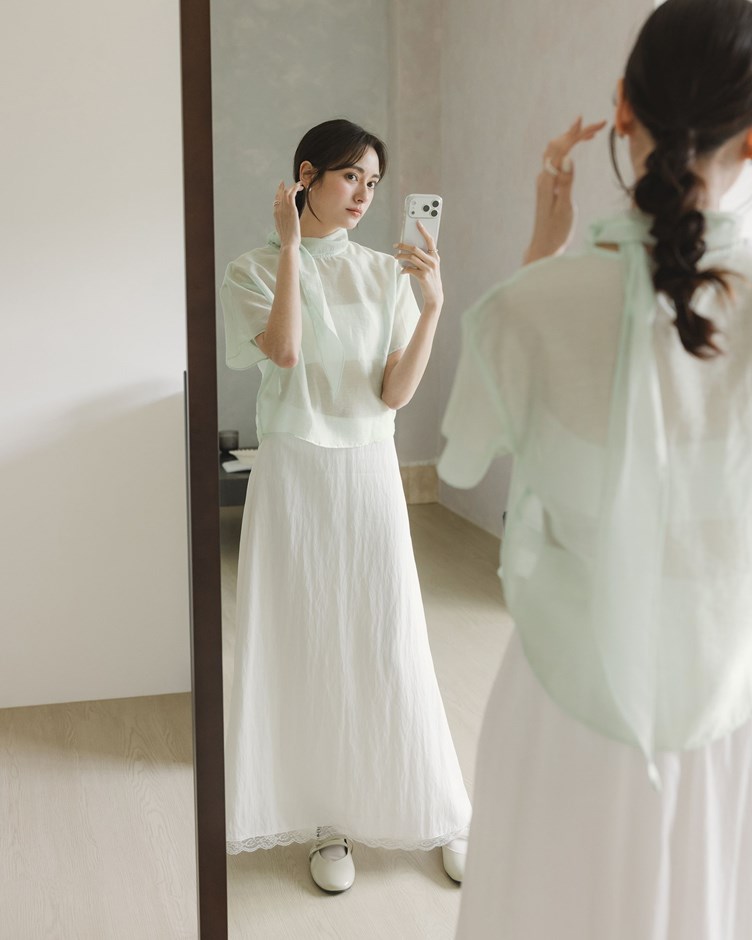 天絲拼接蕾絲花邊傘擺裙