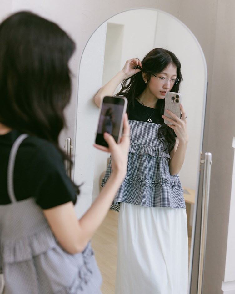 2WAY蛋糕荷葉小格細肩背心