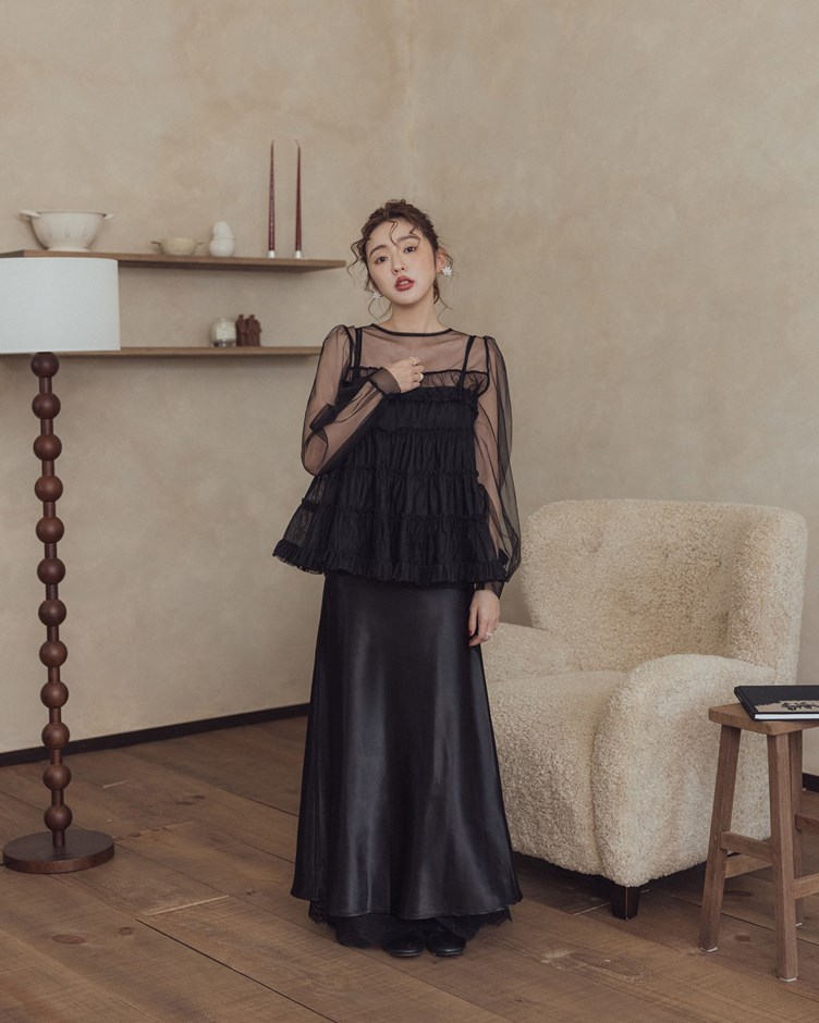 霧光花邊拼接長裙