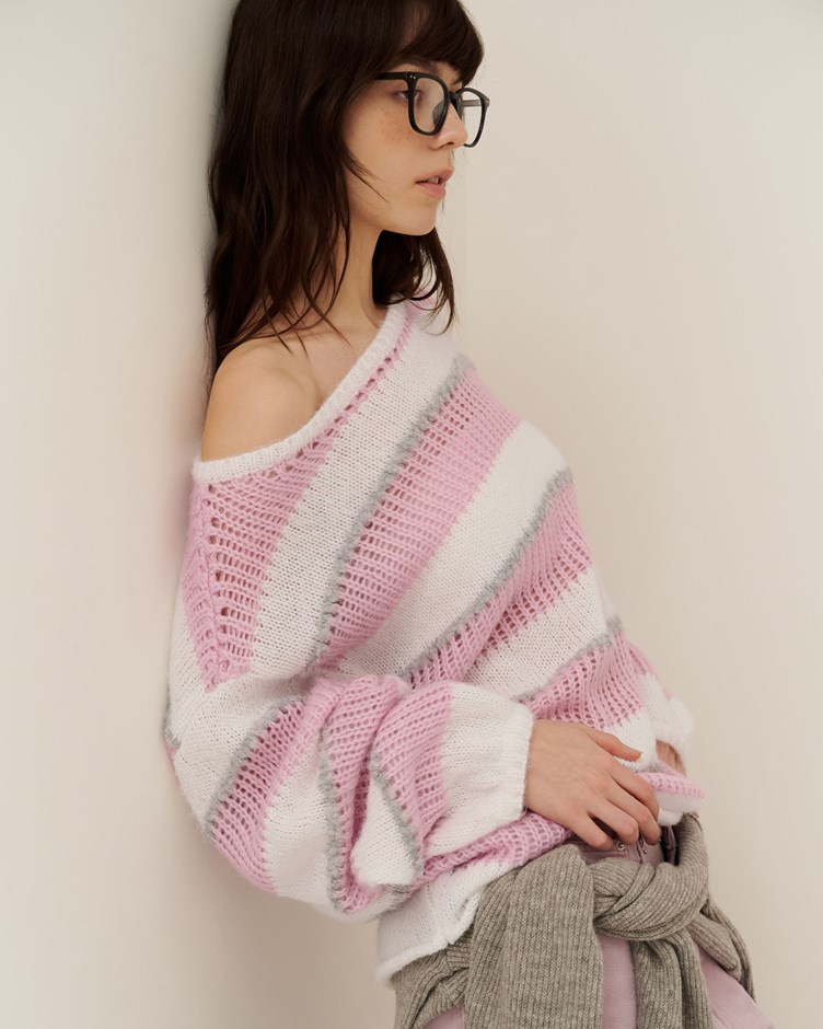 拼紗條紋針織寬鬆毛衣
