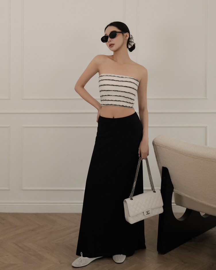 彈力拼接傘擺長裙