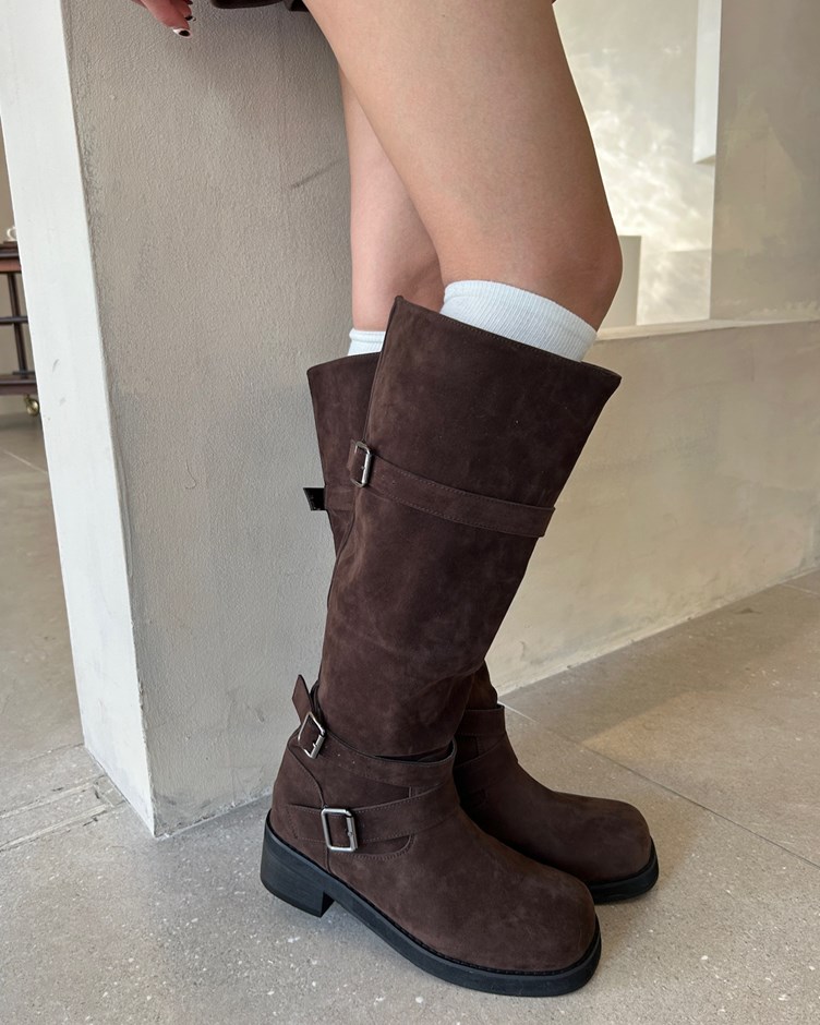 雙扣帶霧面刷色騎士長靴