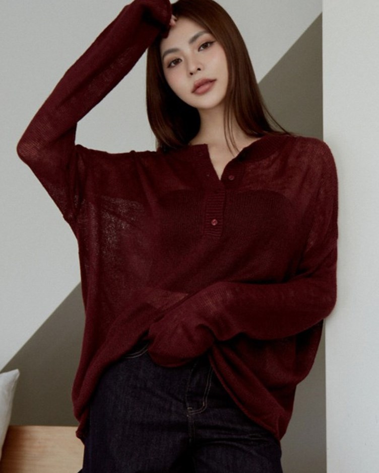 微透膚半開襟圓領針織上衣