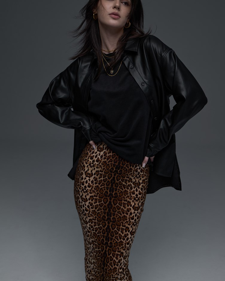 柔彈親膚豹紋中長裙