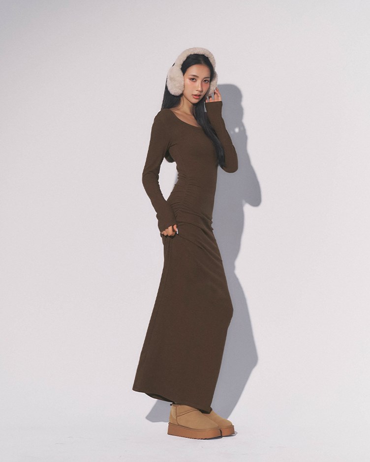 磨毛側抓皺長洋裝