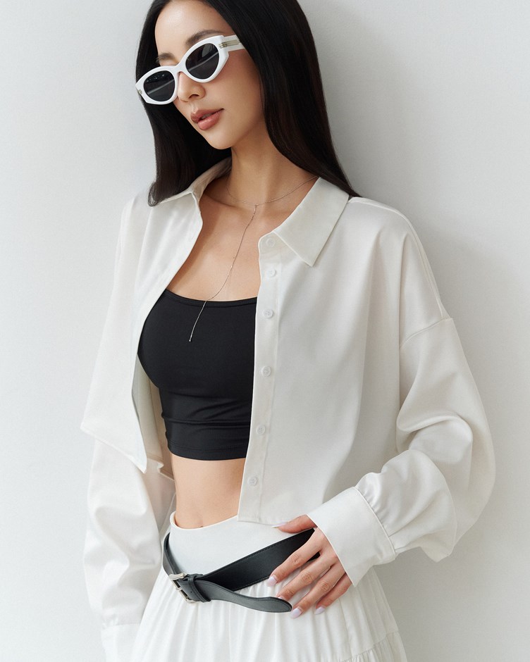 緞光抗皺短版襯衫