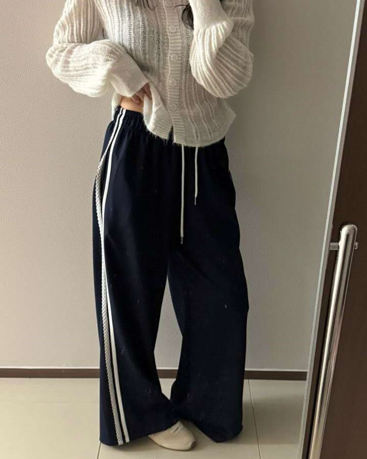 蕾絲側線抽繩寬褲