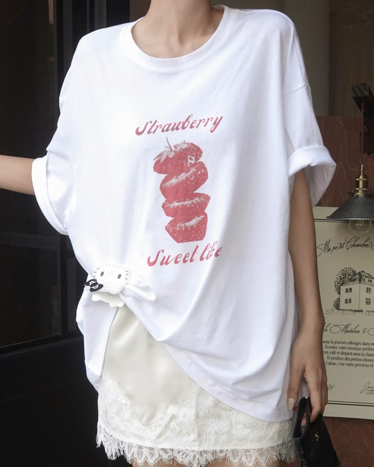 復古草莓印花寬鬆TEE