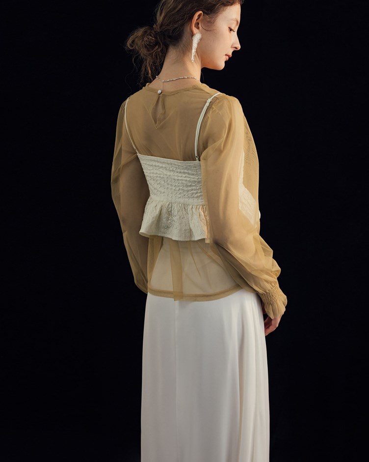 清透網紗澎袖上衣