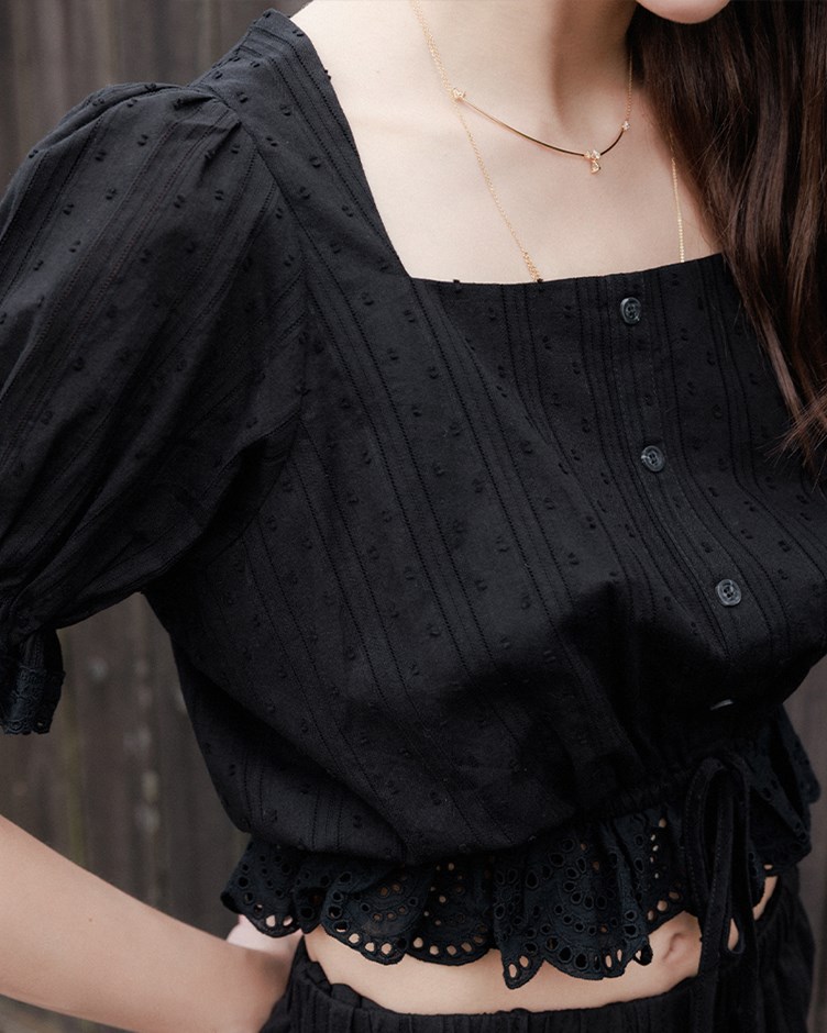 方領仿棉麻澎袖上衣