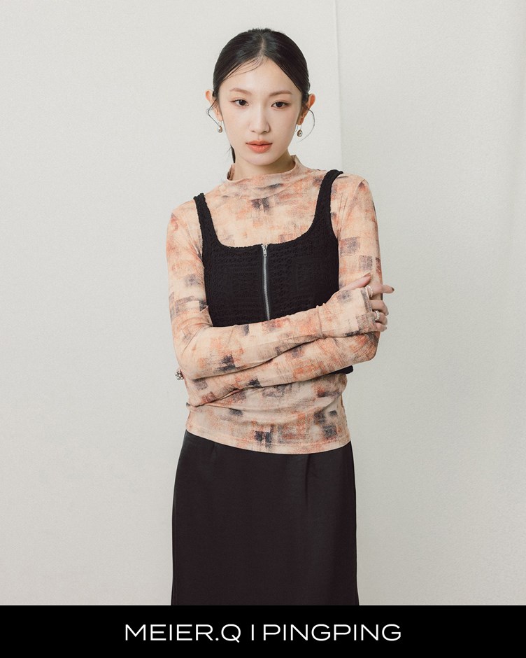 pingping-藝術感層次色塊透膚上衣