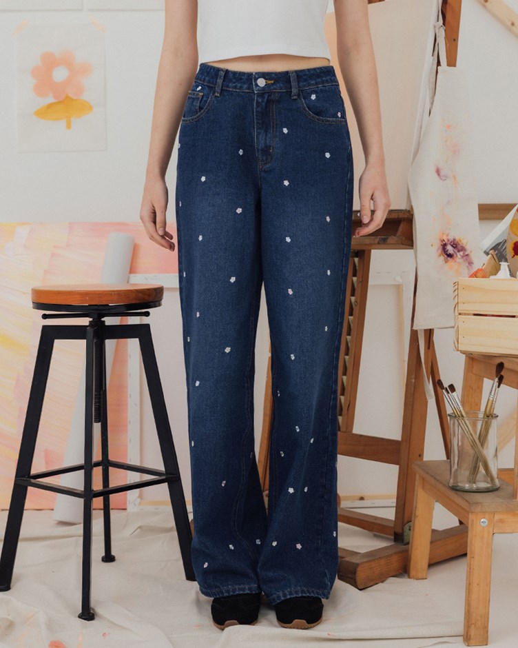 小花刺繡牛仔長褲