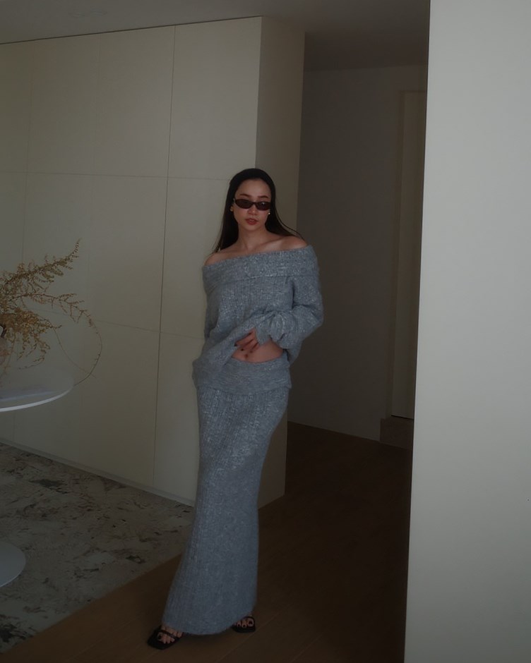 坑條反摺針織長裙