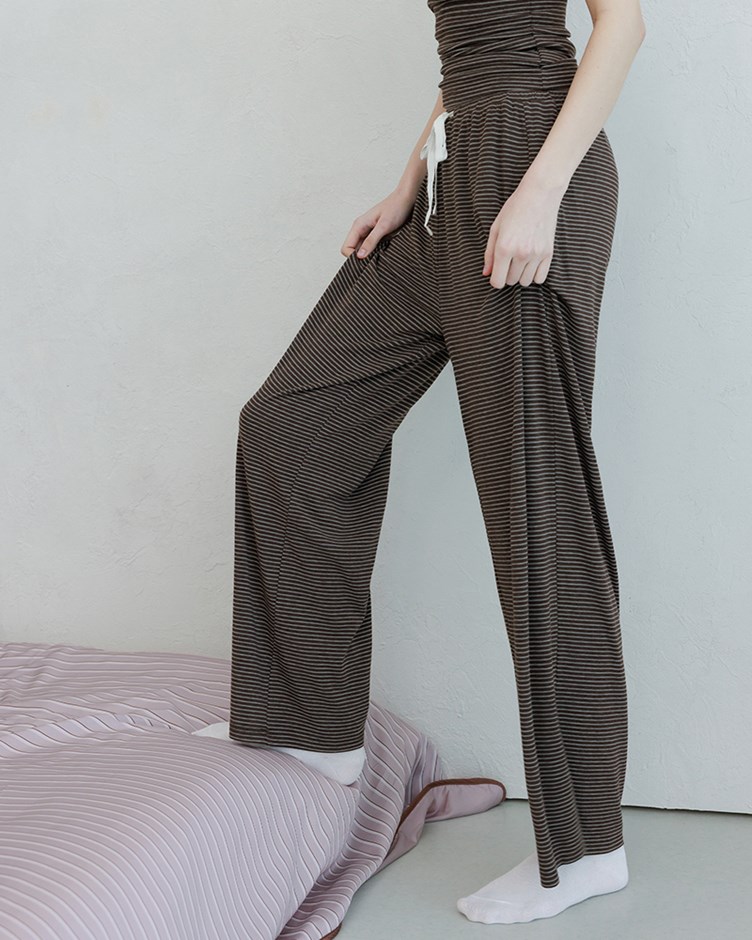 舒適條紋綁帶直筒褲