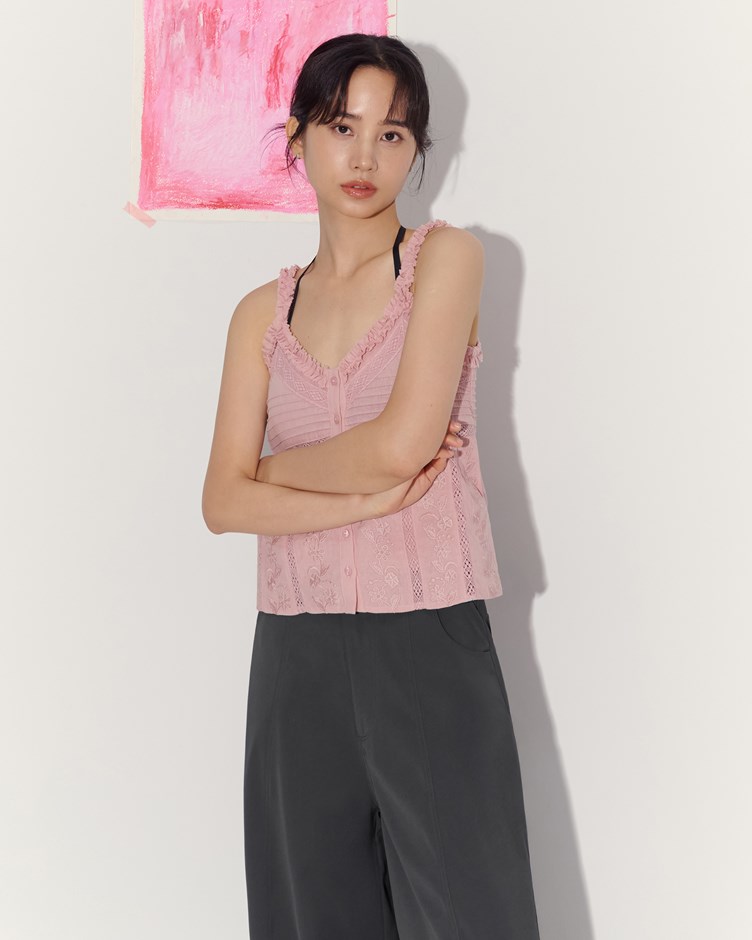 棉麻蕾絲前扣背心