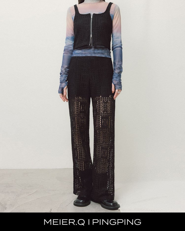 pingping-花邊織圖雙層透肌長褲