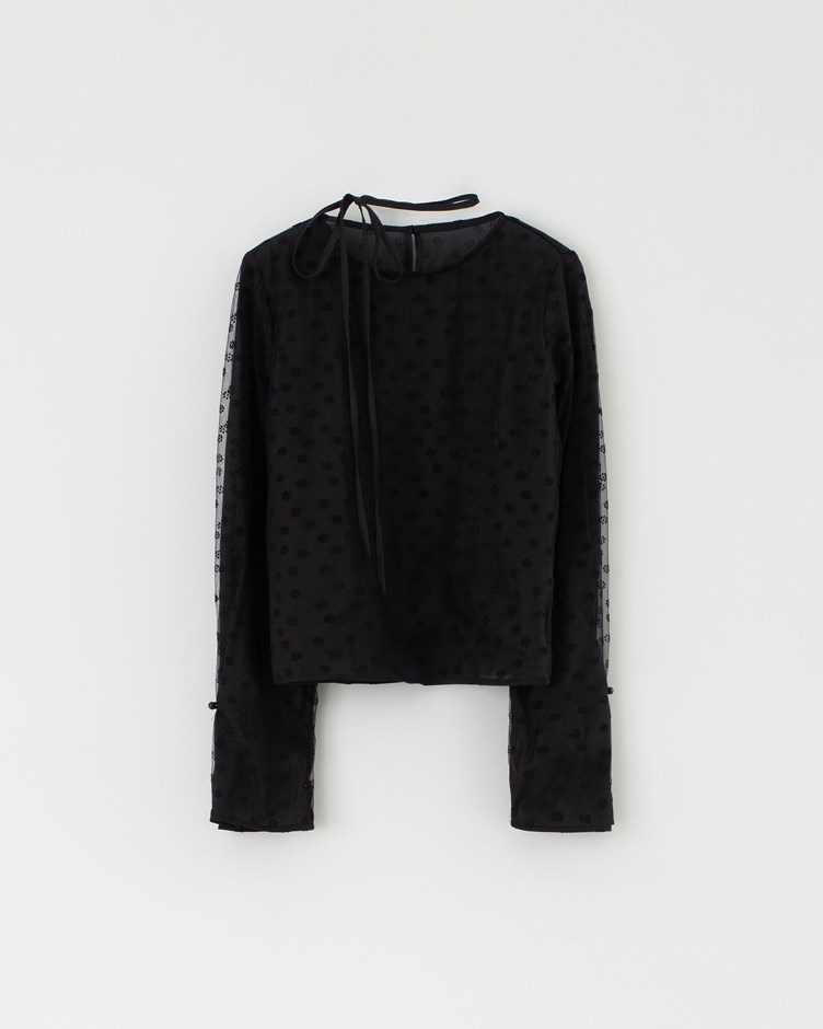 植絨小花喇叭袖雙層上衣(附綁帶)