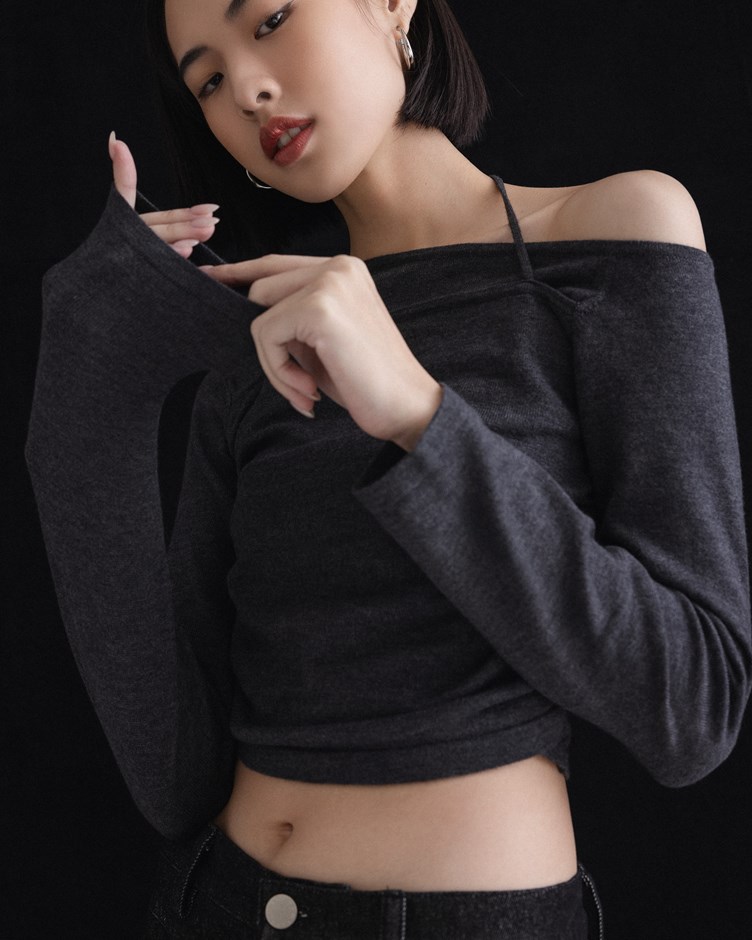 mi斜肩假兩件針織上衣