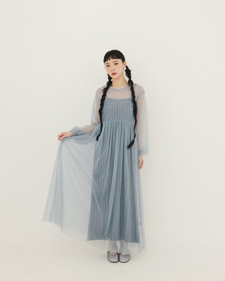 雙層網紗透肌長袖洋裝