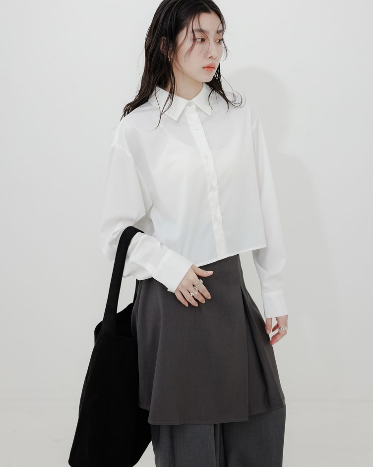 後打摺短版長袖襯衫