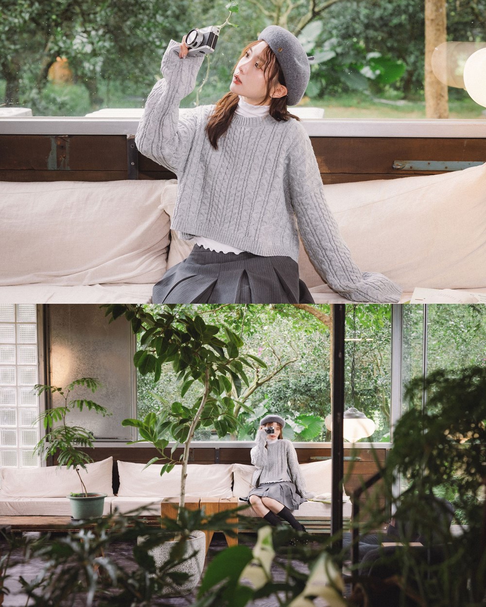 短版落肩麻花針織毛衣