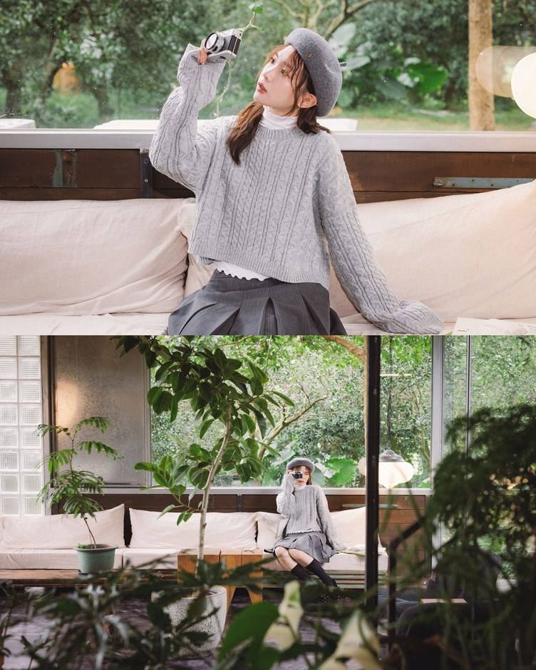 短版落肩麻花針織毛衣