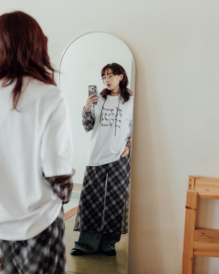 透肌感格紋罩衫洋裝