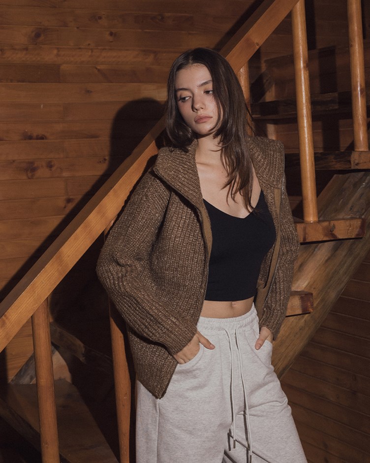 粗勾針織混色翻領外套(22)