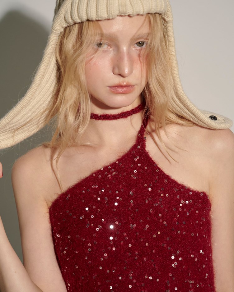 不對稱亮片感綁帶針織背心