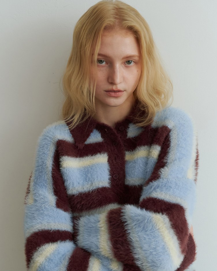 POLO領毛絨條紋針織上衣