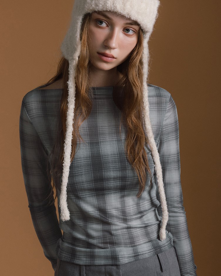 格紋網紗彈力長袖上衣