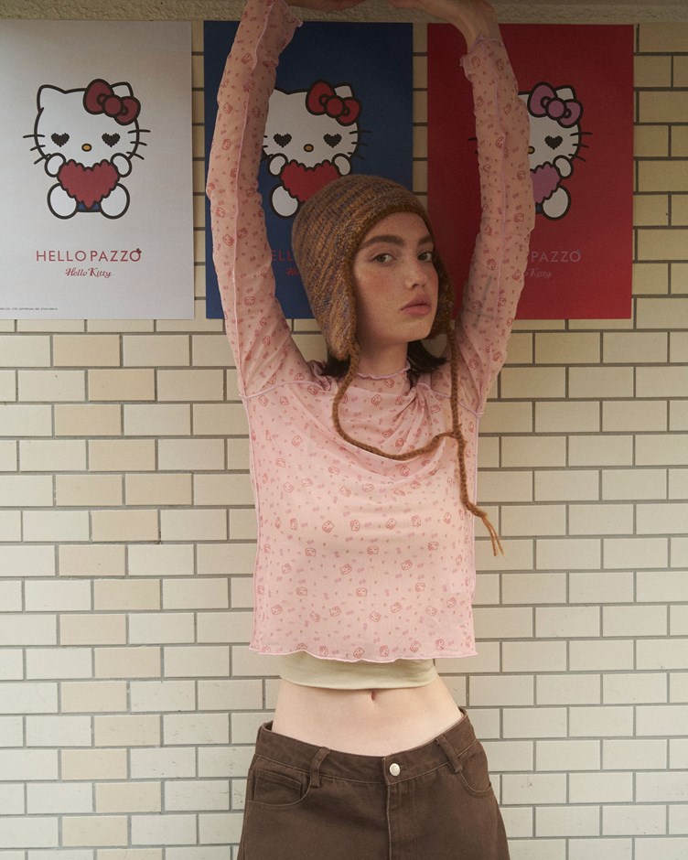 HELLO KITTY碎花網紗透膚上衣