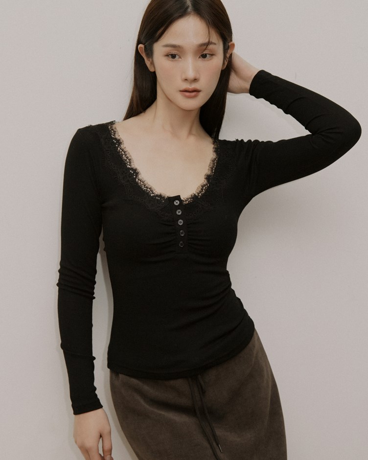 07 法式蕾絲圓領排釦長袖上衣