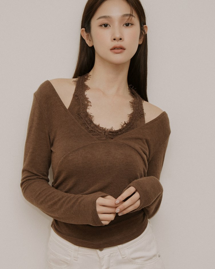 12 蕾絲繞脖假兩件長袖上衣