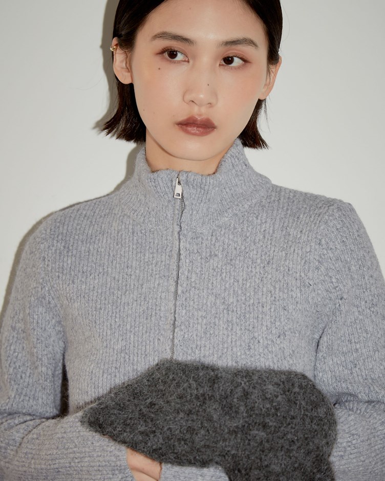 花紗高領雙拉鍊針織外套